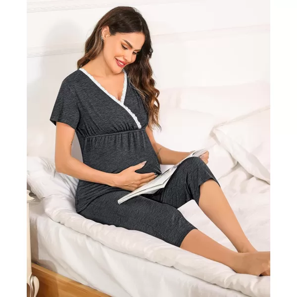 SWOMOG Maternity Nursing Pajamas Set 2 PCS Breastfeeding Sleepwear Short Sleeve Top and Pants Set Pregnancy Pajamas WomenDeep Grey