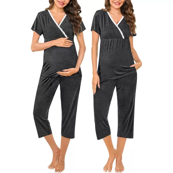 SWOMOG Maternity Nursing Pajamas Set 2 PCS Breastfeeding Sleepwear Short Sleeve Top and Pants Set Pregnancy Pajamas WomenDeep Grey