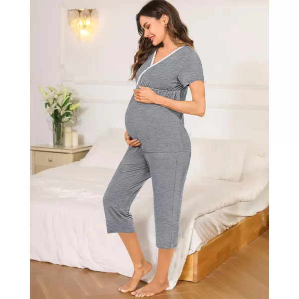 SWOMOG Maternity Nursing Pajamas Set 2 PCS Breastfeeding Sleepwear Short Sleeve Top and Pants Set Pregnancy Pajamas WomenGrey