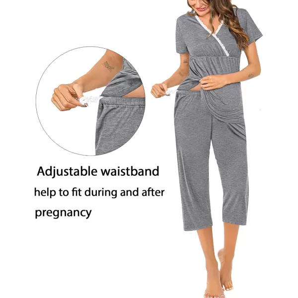 SWOMOG Maternity Nursing Pajamas Set 2 PCS Breastfeeding Sleepwear Short Sleeve Top and Pants Set Pregnancy Pajamas WomenGrey