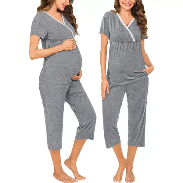 SWOMOG Maternity Nursing Pajamas Set 2 PCS Breastfeeding Sleepwear Short Sleeve Top and Pants Set Pregnancy Pajamas WomenGrey