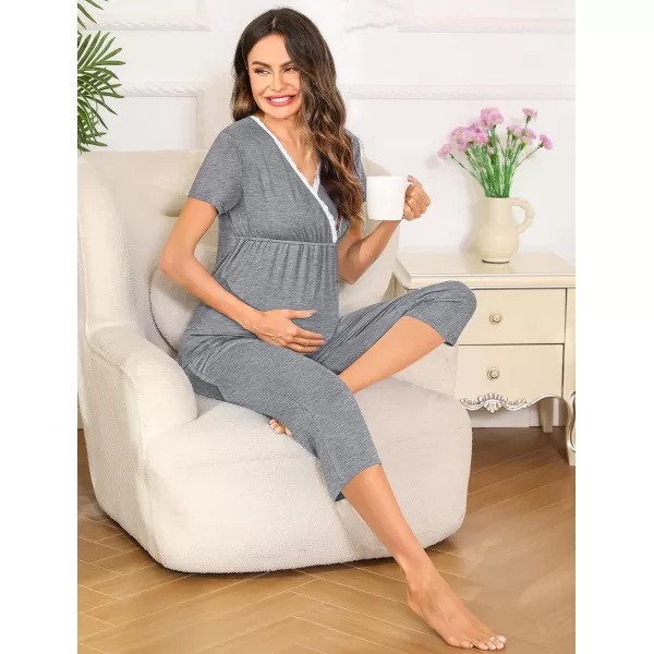 SWOMOG Maternity Nursing Pajamas Set 2 PCS Breastfeeding Sleepwear Short Sleeve Top and Pants Set Pregnancy Pajamas WomenGrey