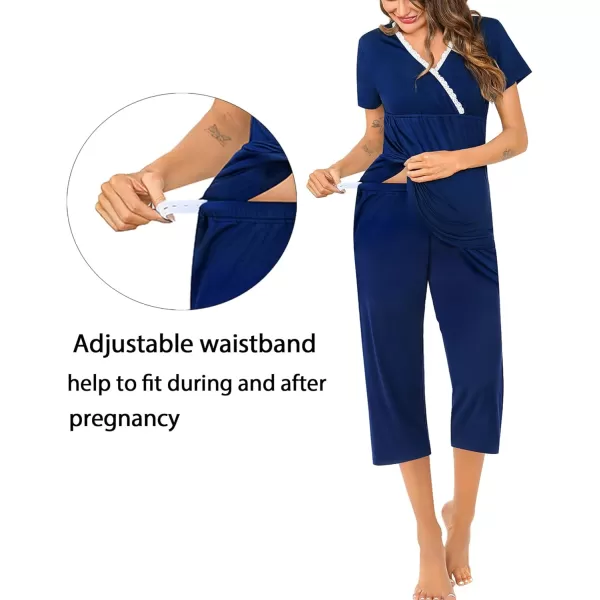 SWOMOG Maternity Nursing Pajamas Set 2 PCS Breastfeeding Sleepwear Short Sleeve Top and Pants Set Pregnancy Pajamas WomenNavy Blue