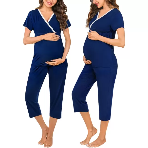 SWOMOG Maternity Nursing Pajamas Set 2 PCS Breastfeeding Sleepwear Short Sleeve Top and Pants Set Pregnancy Pajamas WomenNavy Blue