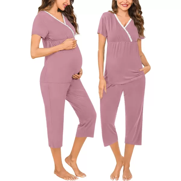 SWOMOG Maternity Nursing Pajamas Set 2 PCS Breastfeeding Sleepwear Short Sleeve Top and Pants Set Pregnancy Pajamas WomenTaro Purple