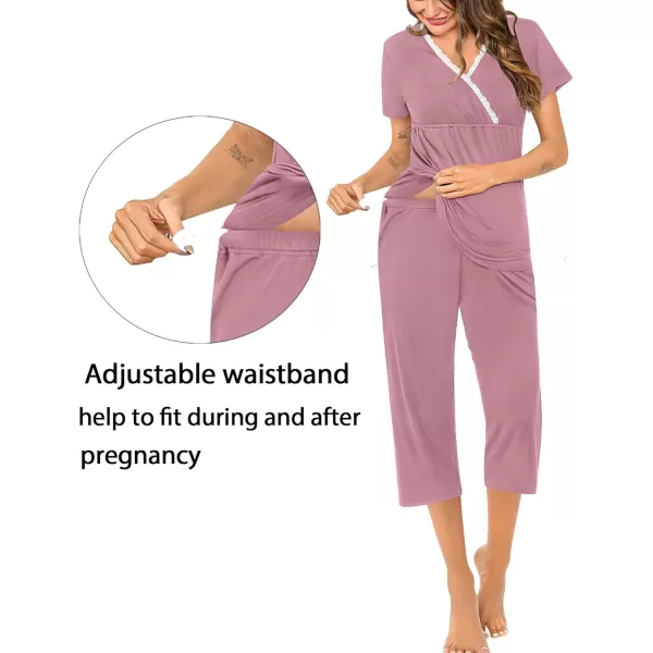 SWOMOG Maternity Nursing Pajamas Set 2 PCS Breastfeeding Sleepwear Short Sleeve Top and Pants Set Pregnancy Pajamas WomenTaro Purple