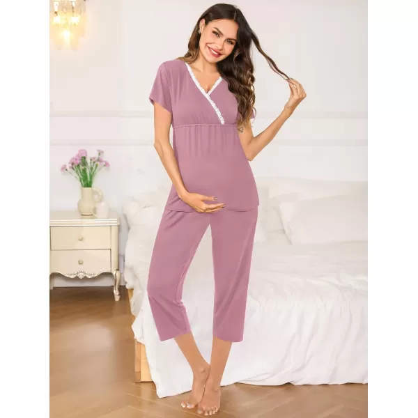 SWOMOG Maternity Nursing Pajamas Set 2 PCS Breastfeeding Sleepwear Short Sleeve Top and Pants Set Pregnancy Pajamas WomenTaro Purple