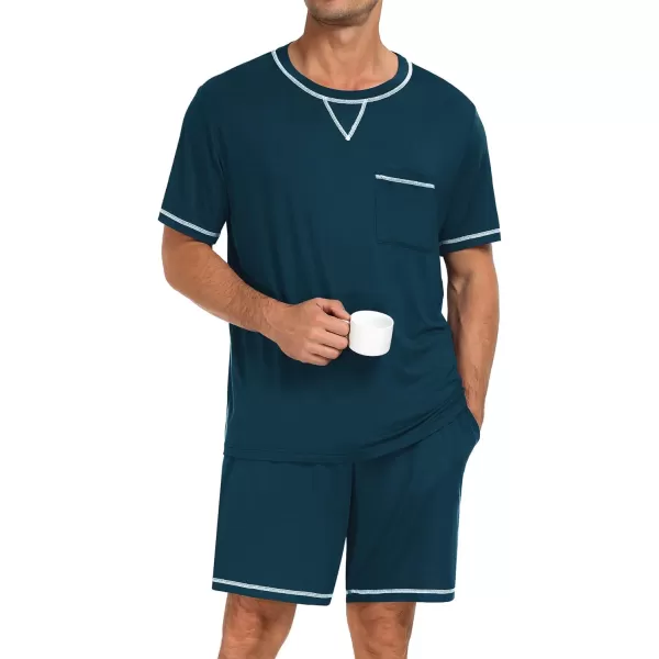 SWOMOG Men Modal Pajamas Set Comfy Sleepwear Short Sleeve Pjs Set Soft 2 Piece Lounge Set Cozy Nightwear with PocketsBlue Green