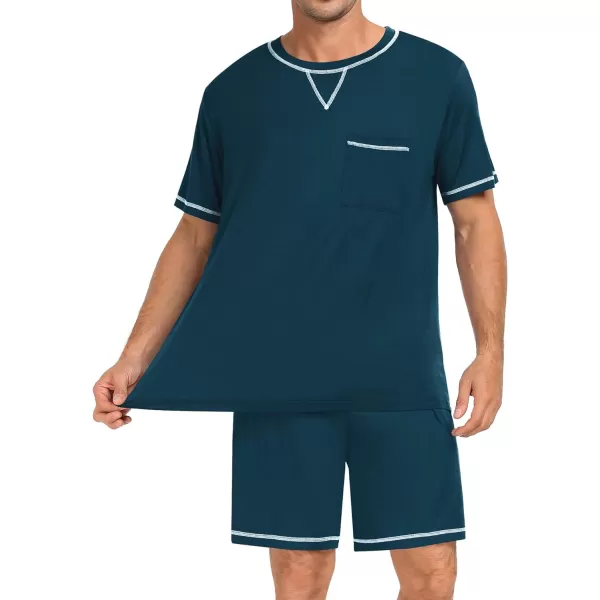 SWOMOG Men Modal Pajamas Set Comfy Sleepwear Short Sleeve Pjs Set Soft 2 Piece Lounge Set Cozy Nightwear with PocketsBlue Green