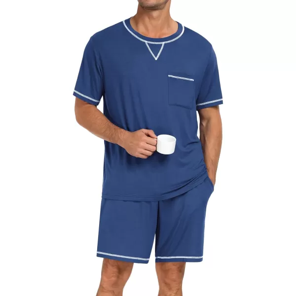 SWOMOG Men Modal Pajamas Set Comfy Sleepwear Short Sleeve Pjs Set Soft 2 Piece Lounge Set Cozy Nightwear with PocketsNavy