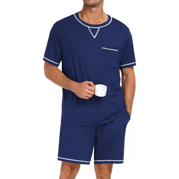 SWOMOG Men Modal Pajamas Set Comfy Sleepwear Short Sleeve Pjs Set Soft 2 Piece Lounge Set Cozy Nightwear with PocketsNavy Blue