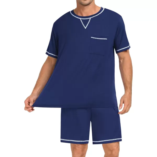 SWOMOG Men Modal Pajamas Set Comfy Sleepwear Short Sleeve Pjs Set Soft 2 Piece Lounge Set Cozy Nightwear with PocketsNavy Blue