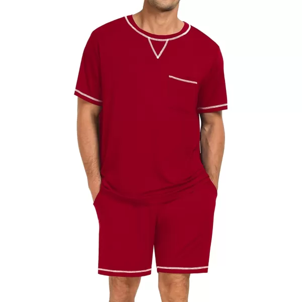 SWOMOG Men Modal Pajamas Set Comfy Sleepwear Short Sleeve Pjs Set Soft 2 Piece Lounge Set Cozy Nightwear with PocketsWine Red