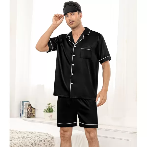 SWOMOG Mens 4pcs Pajamas Set Silk Satin Sleepwear Short Sleeve Button Down PJs Sets Soft Lounge Sets with PocketBlack