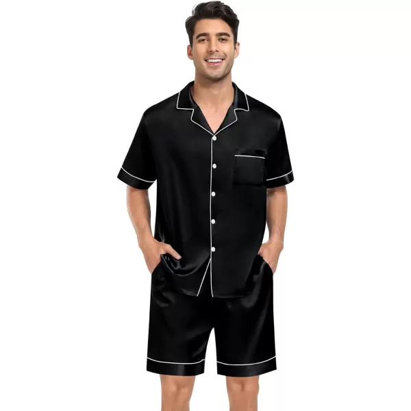 SWOMOG Mens 4pcs Pajamas Set Silk Satin Sleepwear Short Sleeve Button Down PJs Sets Soft Lounge Sets with PocketBlack