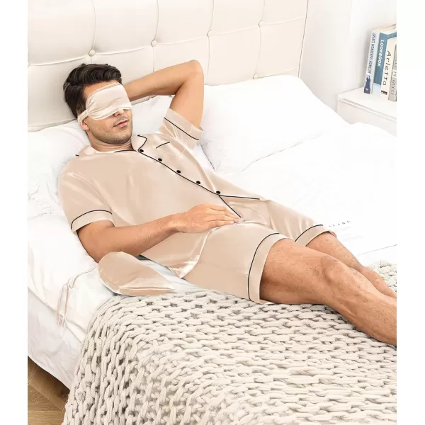 SWOMOG Mens 4pcs Pajamas Set Silk Satin Sleepwear Short Sleeve Button Down PJs Sets Soft Lounge Sets with PocketChampagne