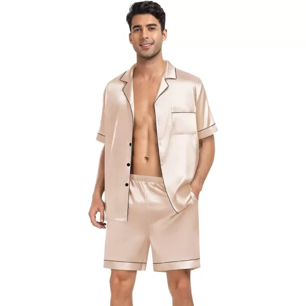 SWOMOG Mens 4pcs Pajamas Set Silk Satin Sleepwear Short Sleeve Button Down PJs Sets Soft Lounge Sets with PocketChampagne