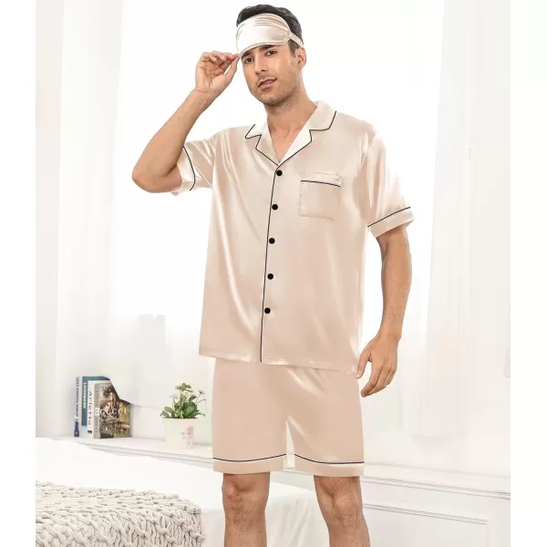 SWOMOG Mens 4pcs Pajamas Set Silk Satin Sleepwear Short Sleeve Button Down PJs Sets Soft Lounge Sets with PocketChampagne