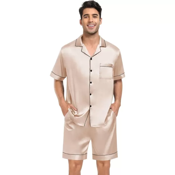 SWOMOG Mens 4pcs Pajamas Set Silk Satin Sleepwear Short Sleeve Button Down PJs Sets Soft Lounge Sets with PocketChampagne