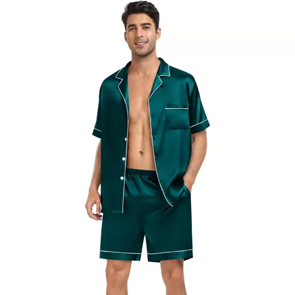 SWOMOG Mens 4pcs Pajamas Set Silk Satin Sleepwear Short Sleeve Button Down PJs Sets Soft Lounge Sets with PocketDeep Green