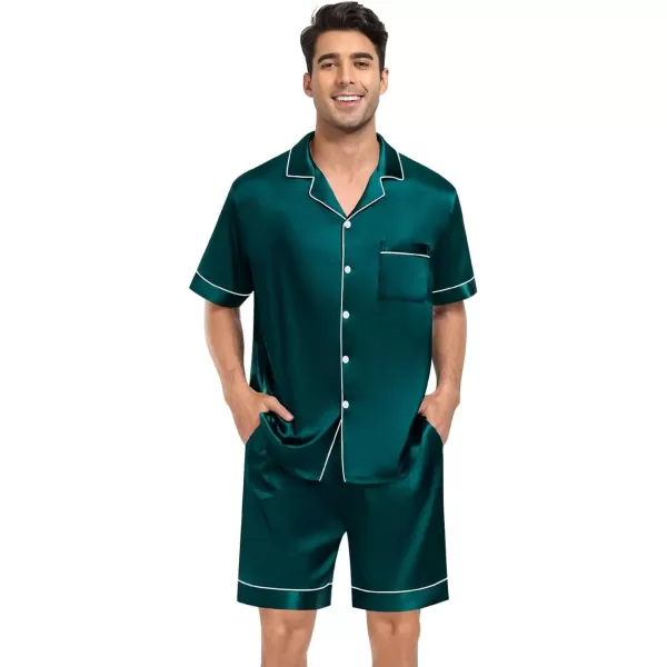 SWOMOG Mens 4pcs Pajamas Set Silk Satin Sleepwear Short Sleeve Button Down PJs Sets Soft Lounge Sets with PocketDeep Green