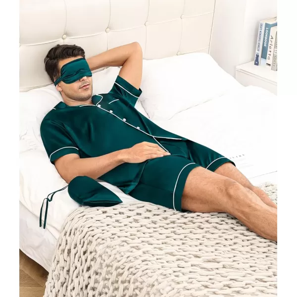 SWOMOG Mens 4pcs Pajamas Set Silk Satin Sleepwear Short Sleeve Button Down PJs Sets Soft Lounge Sets with PocketDeep Green
