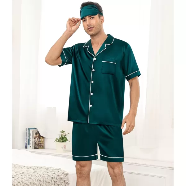SWOMOG Mens 4pcs Pajamas Set Silk Satin Sleepwear Short Sleeve Button Down PJs Sets Soft Lounge Sets with PocketDeep Green