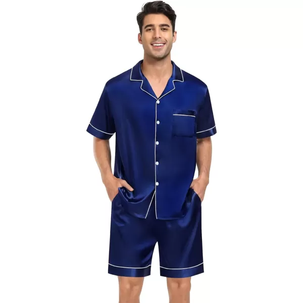 SWOMOG Mens 4pcs Pajamas Set Silk Satin Sleepwear Short Sleeve Button Down PJs Sets Soft Lounge Sets with PocketNavy Blue