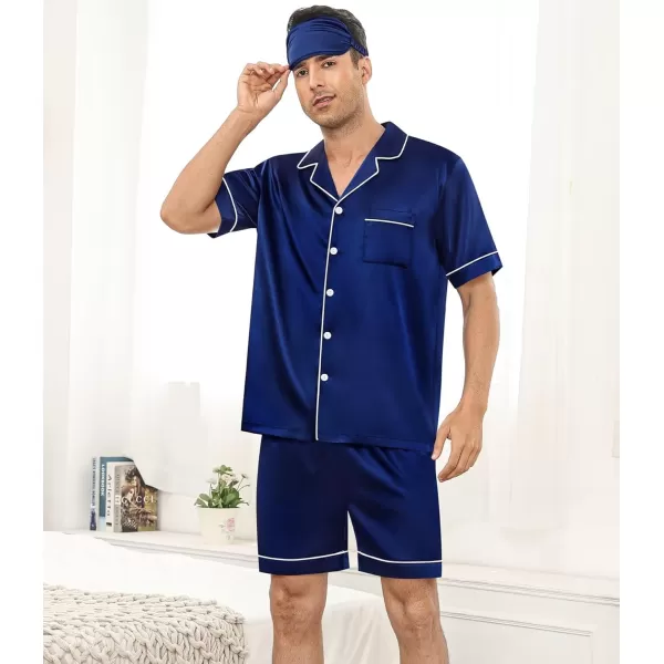 SWOMOG Mens 4pcs Pajamas Set Silk Satin Sleepwear Short Sleeve Button Down PJs Sets Soft Lounge Sets with PocketNavy Blue