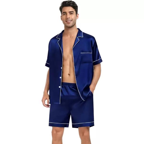 SWOMOG Mens 4pcs Pajamas Set Silk Satin Sleepwear Short Sleeve Button Down PJs Sets Soft Lounge Sets with PocketNavy Blue