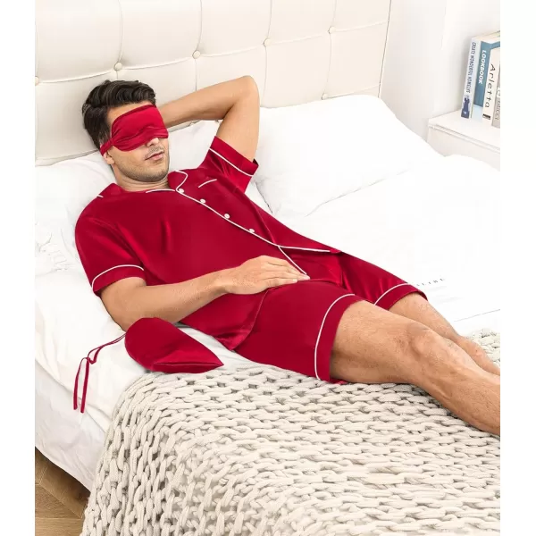 SWOMOG Mens 4pcs Pajamas Set Silk Satin Sleepwear Short Sleeve Button Down PJs Sets Soft Lounge Sets with PocketRed