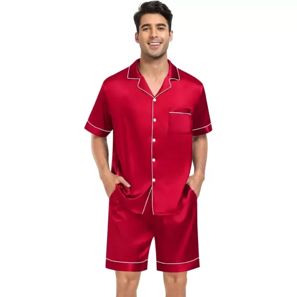 SWOMOG Mens 4pcs Pajamas Set Silk Satin Sleepwear Short Sleeve Button Down PJs Sets Soft Lounge Sets with PocketRed