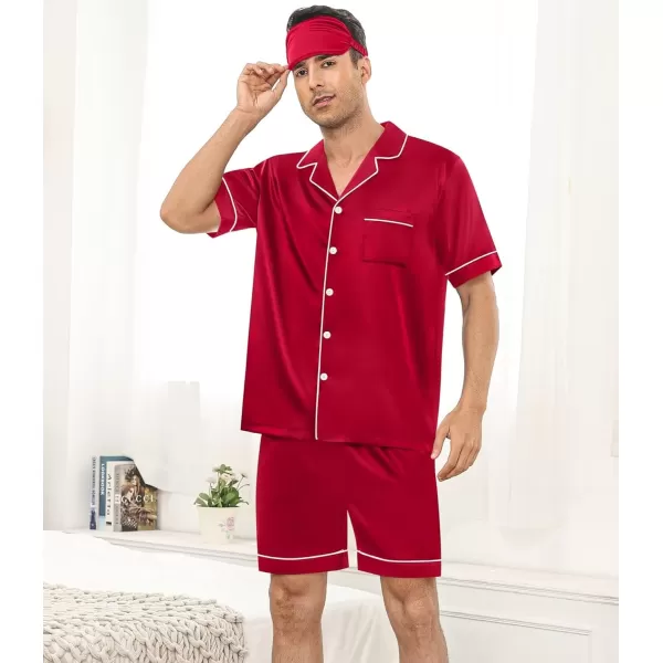 SWOMOG Mens 4pcs Pajamas Set Silk Satin Sleepwear Short Sleeve Button Down PJs Sets Soft Lounge Sets with PocketRed