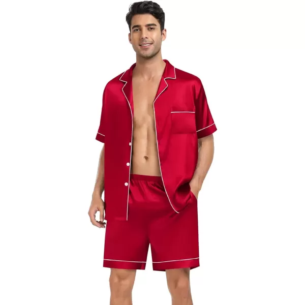 SWOMOG Mens 4pcs Pajamas Set Silk Satin Sleepwear Short Sleeve Button Down PJs Sets Soft Lounge Sets with PocketRed