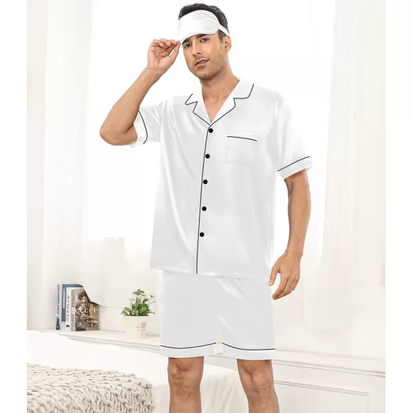 SWOMOG Mens 4pcs Pajamas Set Silk Satin Sleepwear Short Sleeve Button Down PJs Sets Soft Lounge Sets with PocketWhite