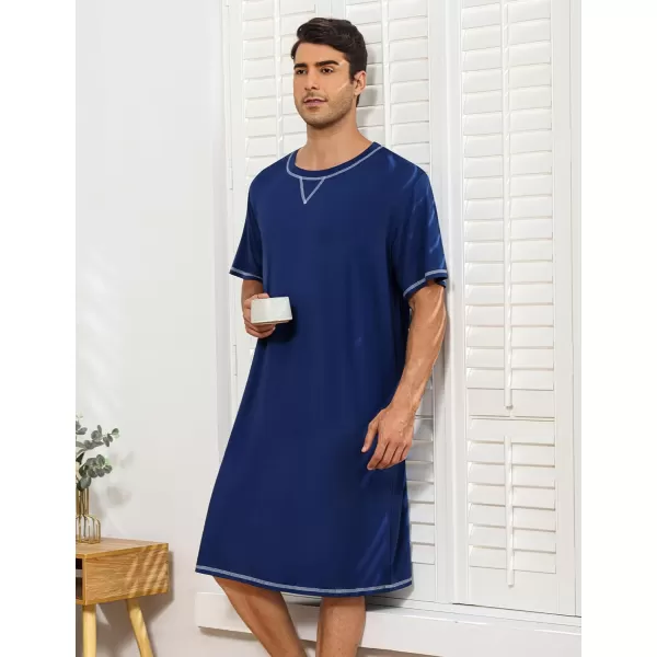 SWOMOG Mens Nightshirts Big  Tall Henley Sleep Shirt Loose Nightgown Comfy Short and Long Sleeve Loungewear 2 Pack PjsNavy Blue