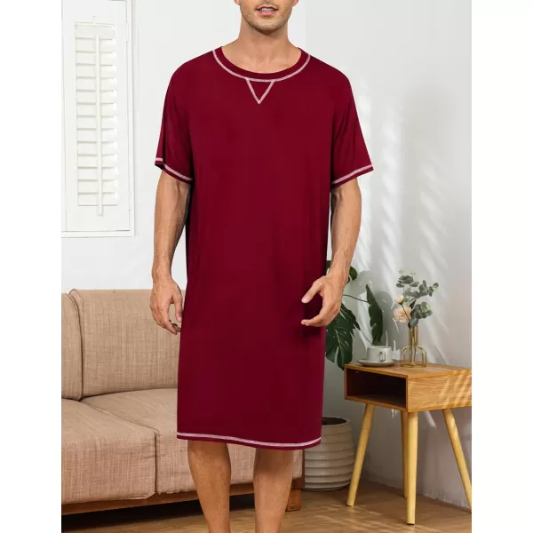 SWOMOG Mens Nightshirts Big  Tall Henley Sleep Shirt Loose Nightgown Comfy Short and Long Sleeve Loungewear 2 Pack PjsWine Red