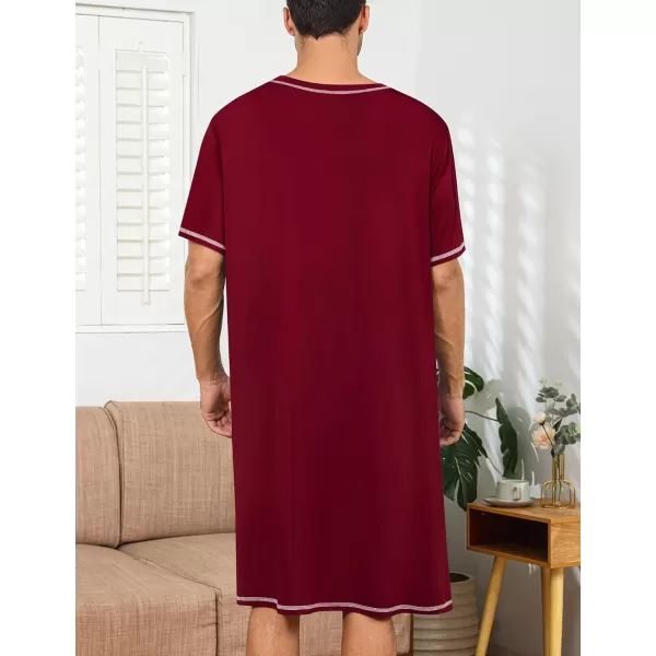 SWOMOG Mens Nightshirts Big  Tall Henley Sleep Shirt Loose Nightgown Comfy Short and Long Sleeve Loungewear 2 Pack PjsWine Red