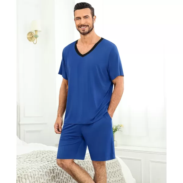 SWOMOG Mens Pajamas Set 2 PCS Short Sleeve Pajamas for Men Pjs Sets V Neck Soft Sleepwear Loungewear Nightwear with PocketsNavy Blue