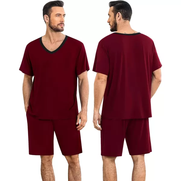 SWOMOG Mens Pajamas Set 2 PCS Short Sleeve Pajamas for Men Pjs Sets V Neck Soft Sleepwear Loungewear Nightwear with PocketsWine Red