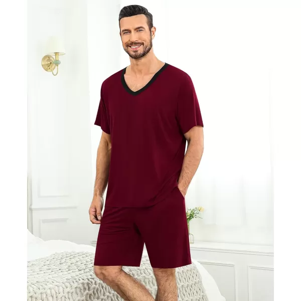 SWOMOG Mens Pajamas Set 2 PCS Short Sleeve Pajamas for Men Pjs Sets V Neck Soft Sleepwear Loungewear Nightwear with PocketsWine Red