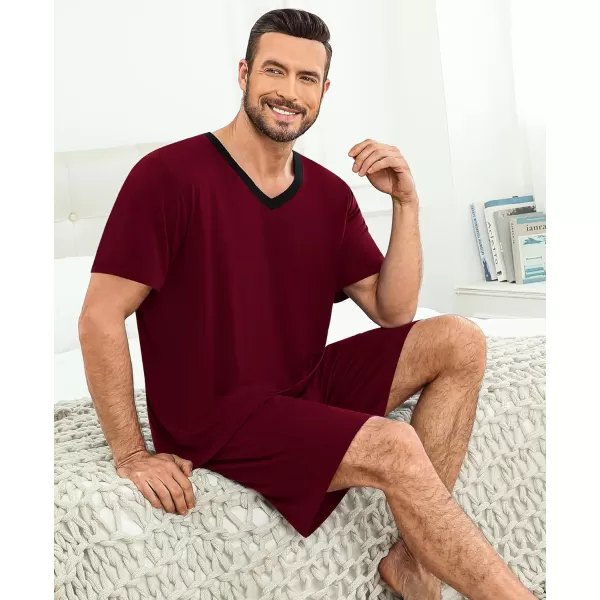 SWOMOG Mens Pajamas Set 2 PCS Short Sleeve Pajamas for Men Pjs Sets V Neck Soft Sleepwear Loungewear Nightwear with PocketsWine Red