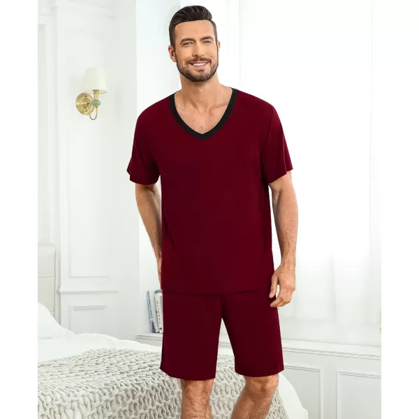 SWOMOG Mens Pajamas Set 2 PCS Short Sleeve Pajamas for Men Pjs Sets V Neck Soft Sleepwear Loungewear Nightwear with PocketsWine Red