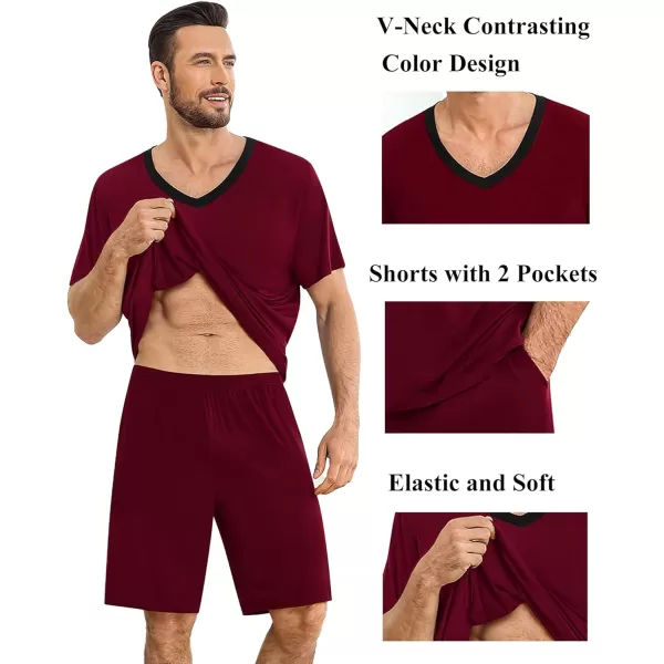 SWOMOG Mens Pajamas Set 2 PCS Short Sleeve Pajamas for Men Pjs Sets V Neck Soft Sleepwear Loungewear Nightwear with PocketsWine Red
