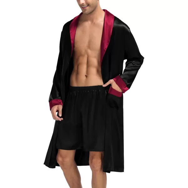 SWOMOG Mens Satin Robe with Shorts Set Silky Kimono Bathrobe Lightweight Soft SleepwearAblack