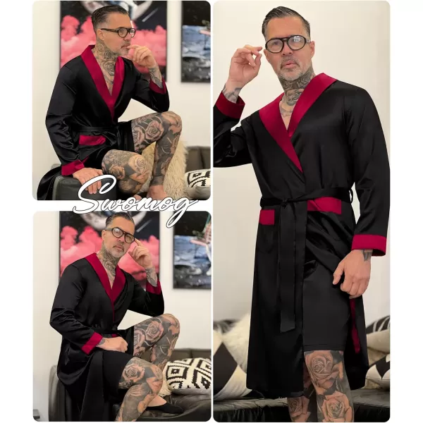 SWOMOG Mens Satin Robe with Shorts Set Silky Kimono Bathrobe Lightweight Soft SleepwearAblack