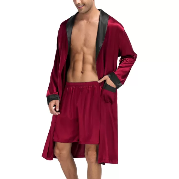 SWOMOG Mens Satin Robe with Shorts Set Silky Kimono Bathrobe Lightweight Soft SleepwearAdark Wine Red