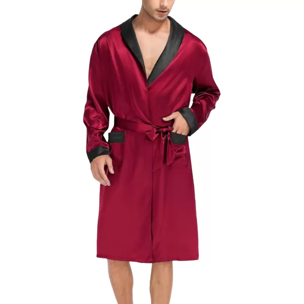 SWOMOG Mens Satin Robe with Shorts Set Silky Kimono Bathrobe Lightweight Soft SleepwearAdark Wine Red