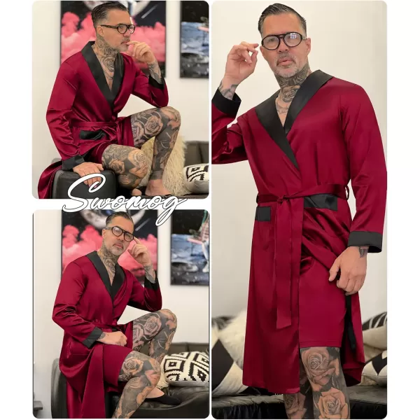 SWOMOG Mens Satin Robe with Shorts Set Silky Kimono Bathrobe Lightweight Soft SleepwearAdark Wine Red