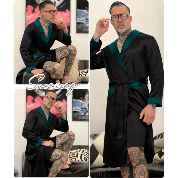 SWOMOG Mens Satin Robe with Shorts Set Silky Kimono Bathrobe Lightweight Soft SleepwearBlack1